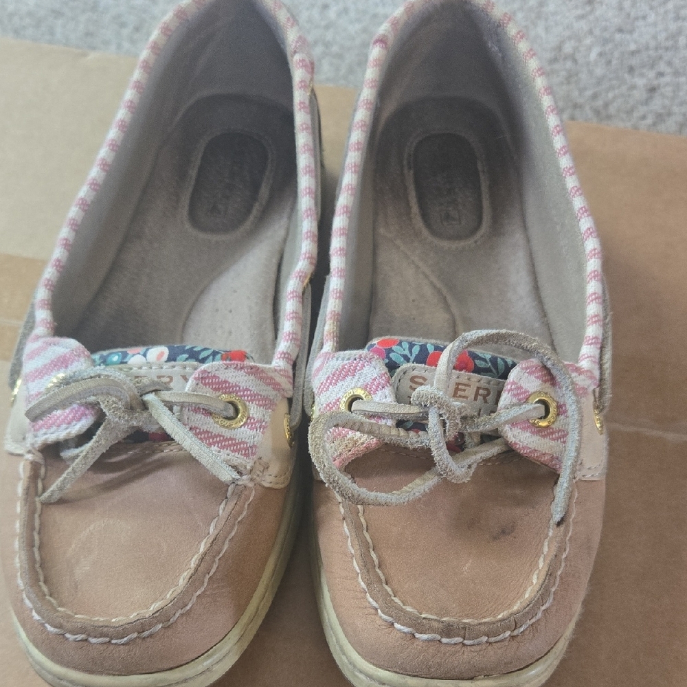Sperry Top Sider Boat Shoe Pink Striped and Tan Womens Size 6.5